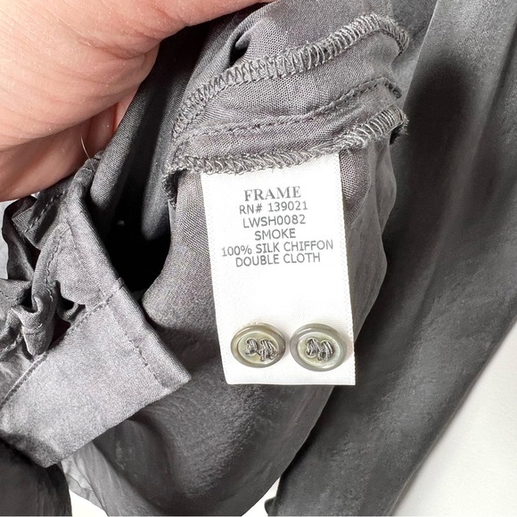 FRAME Tuxedo Smoke Grey Gray Silk Chiffon Ruffle Button Down Blouse Extra Small - Picture 8 of 16